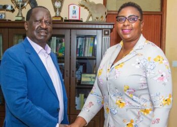 Gender Cabinet Secretary Aisha Jumwa (right) shakes hands with ODM Leader Raila Odinga after a meeting at Capitol in Nairobi on February 27, 2024.