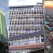 A photo collage showing the Afya Center building (left), Ambassadeur Hotel (center), and an aerial view of the National Archives building.