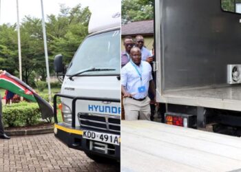 A photo collage showing KEMRI officials launching the mobile mortuary.