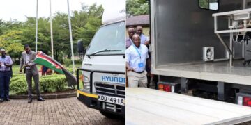 A photo collage showing KEMRI officials launching the mobile mortuary.