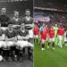 A side to side of the 1958 Manchester United team and a photo of Manchester United players marking the team's anniversary in the past.