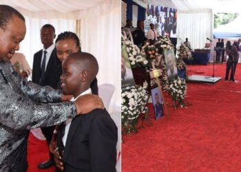 A side-to-side photoof former President Uhuru sharing a moment with King'ri Mwangi's family and a photo of the former President paying his last respects to the late senior police office in Tetu, Nyeri County.