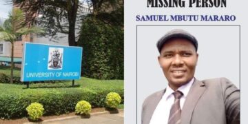 A side to side photo of the UoN signage and a portrait of the UoN lecturer found dead at the City Mortuary.