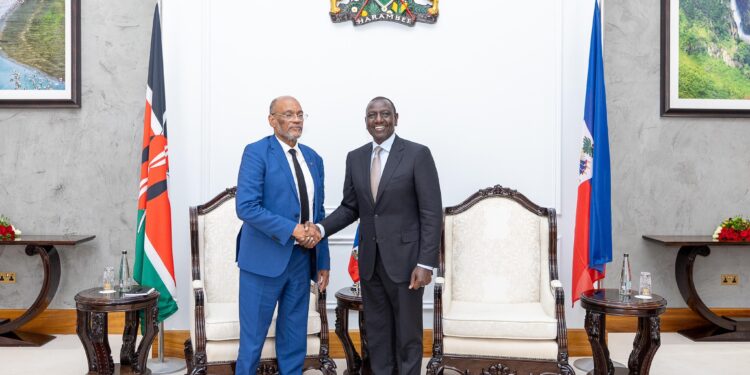 President William Ruto with Haiti PM Ariel Henry in Nairobi. PHOTO/PCS.