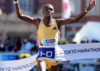Benson Kipruto winning first place in the men's marathon during the Tokyo Marathon 2024 on March 3, 2024.