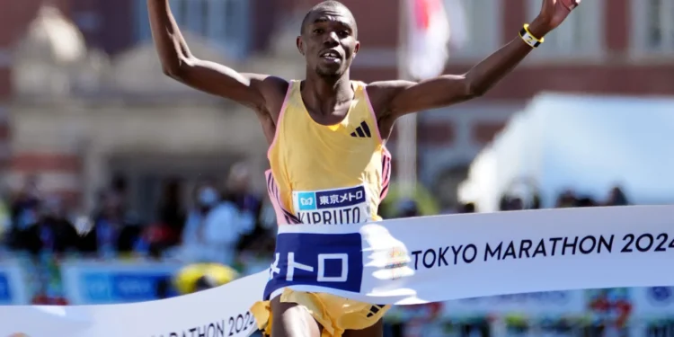 Benson Kipruto winning first place in the men's marathon during the Tokyo Marathon 2024 on March 3, 2024.