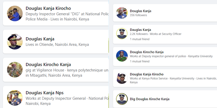 A photo collage of the FB accounts operating as Deputy Inspector General, Kenya Police Service Douglas Kanja. PHOTO/Courtesy.