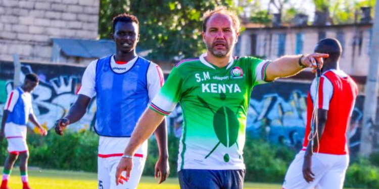 Sebastien Migne leading a training session with Kenya’s Harambee Stars. PHOTO/ Courtesy