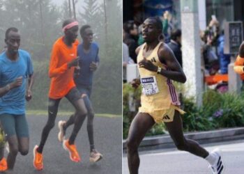 A side-to-side photo of Kelvin Kiptum and Timothy Kiplagat ( in Orange) in a past training session and a photo Kiplagat running in Tokyo Marathon.