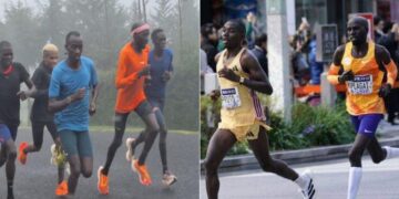 A side-to-side photo of Kelvin Kiptum and Timothy Kiplagat ( in Orange) in a past training session and a photo Kiplagat running in Tokyo Marathon.