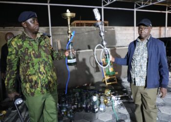 The NACADA team parades the shisha bongs seized in the raid on Quiver Lounge on March 2, 2024.