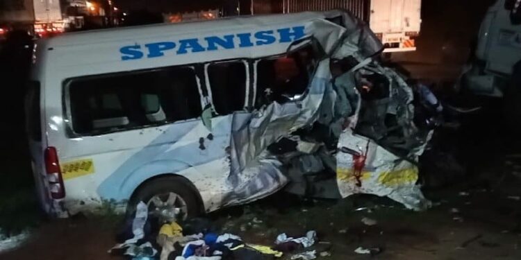 The Spanish shuttle that crashed with a truck along Nairobi-Mombasa Highway on April 1, 2024. PHOTO/Courtesy. accident