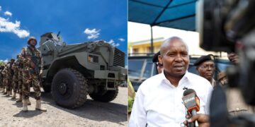 A side-to-side photo of Interior CS Kityhure Kindiki (right) and ohotos of new military equipment purchased to revamp security operations.