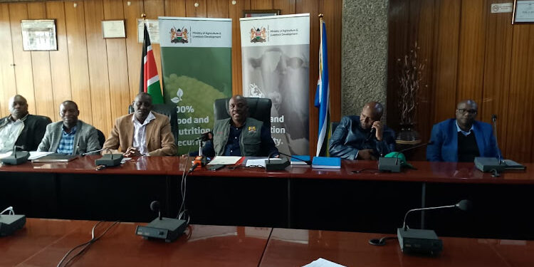 Agricultural Principal Secretary Dr Paul Ronoh with other departmental heads addressing the press on April 6, 2024. PHOTO/MOA