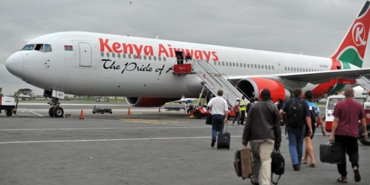 An image of passengers boarding a Kenya Airways plane. PHOTO/ KQ