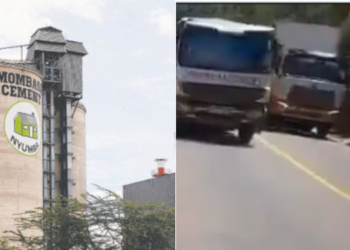A collage of Mombasa Cement building a nd a sreen grab of two trucks overtaking. PHOTO/ Courtesy