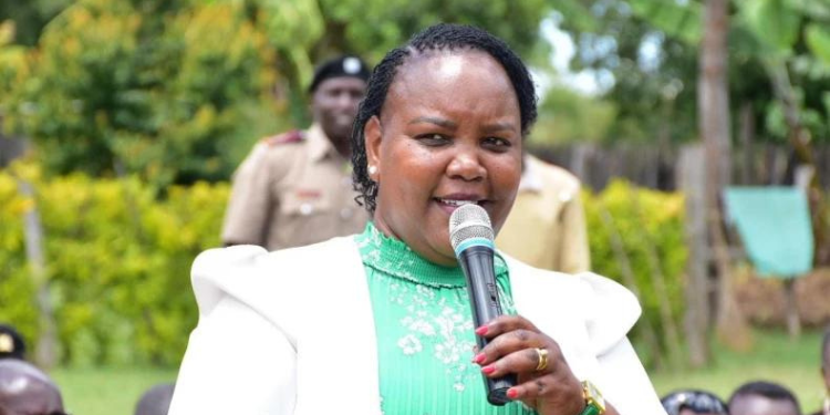 Labour Cabinet Secretary Florence Bore speaking during an inspection of the Inua Jamii registration exercise in Uasin Gishu County. PHOTO COURTESY