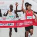 He Jie, two Kenyans and an Ethiopian on the finish Line in Beijing Marathon Race on 14th April 2024. PHOTO/ Courtesy