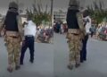 A collage of screengrabs showing KDF soldier assaulting a security guard.
