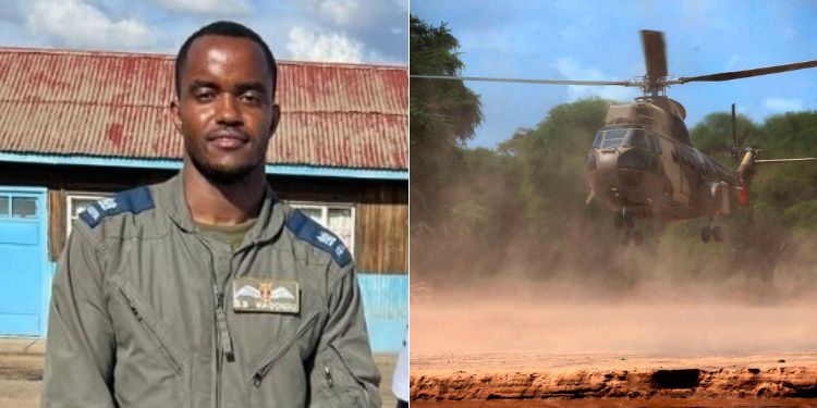 A photo collage of Major Benson Magondu and a military helicopter. 