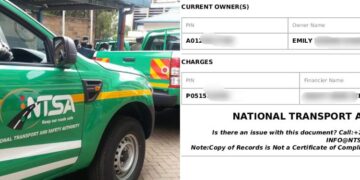 A photo collage of an NTSA van and a screenshot of results from a number plate search.