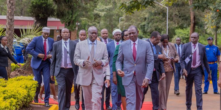 President William Ruto (right) and Deputy Rigathi Gachagua arrive at the Bomas of Kenya for the National Wage Bill Conference on April 17. 