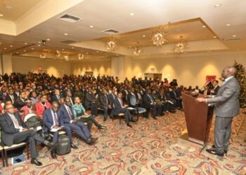 President William Ruto addresses a past meeting with Kenyans living in the diaspora.