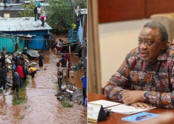 A collage of former President Uhuru Kenyatta (right) and a photo of a flooded residential area ion Nairobi.