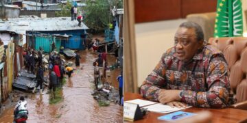 A collage of former President Uhuru Kenyatta (right) and a photo of a flooded residential area ion Nairobi.