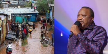 A photo collage of former President Uhuru Kenyatta 9right) and a photo showing an estate marroned in flood water.