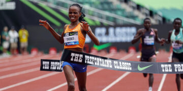 Beatrice Chebet of Kenya, sets a world record in the 10,000 with a time of 28:54.14, during the Prefontaine Classic track and field meet Saturday, May 25, 2024, in Eugene, Ore. PHOTO/AP