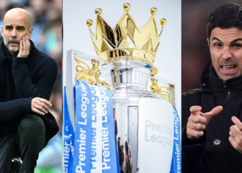 A collage of Manchester City Coach Pep Guardiola, EPL Trophy and Arsenal's Coach Mikel Arteta. PHOTO/ EPL