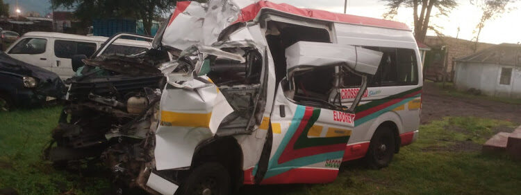 The wreckage of an Eldoret Crossroad matatu involved in an accident along Nakuru-Eldoret Highway.PHOTO/Courtesy..accident