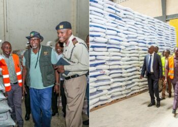 A side to side photo of Agriculture CS Mithika Linturi inspecting fertilizer in a depot and President William Ruto ina past tour at a NCPB depot in Eldoret.