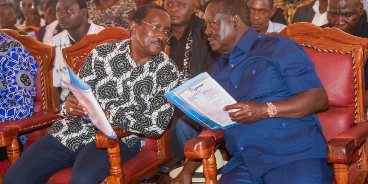 Former Prime Minister Raila Odinga and Wiper leader Kalonzo Musyoka during a burial ceremony on February 10, 2024. PHOTO/Courtesy.