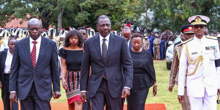 President William Ruto, DP Rigathi Gachagua and First Lady Mama Rachel Ruto during the burial of CDF Francis Ogolla. PHOTO/PCS.