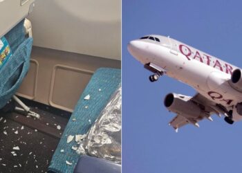 A photo collage of plane's interior and a photo of a Qatar Airways flight