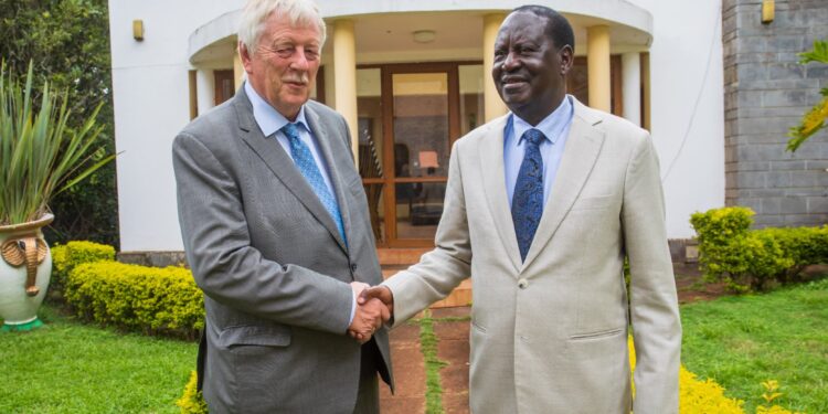 H.E Raila Odinga with H.E Maarten Brouwer Ambassador of the Kingdom of the Netherlands to Kenya. Photo/Courtesy
