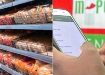 A collage of Bread in a shelf and a person using M-Pesa transactions. PHOTO/ Courtesy