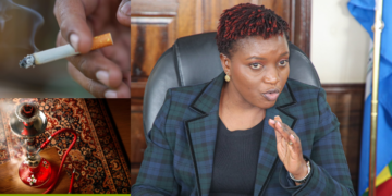 A collage of cigarette (top-left), Shisha (bottom-left) and Cabinet Secretary Health, Kenya Nakhumicha S. Wafula (Right). Photo\Courtesy