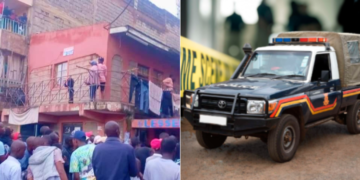 A crowd of onlookers at an apartment in Kitengela where the incident unfolded with a police car. PHOTO/ Courtesy