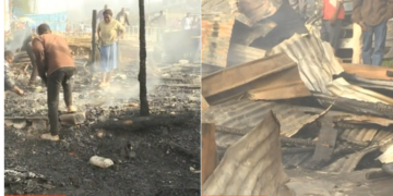 A photo collage showing the burnt garage and residents collecting the remians of the burnt shops and cars. PHOTO/Courtesy. fire