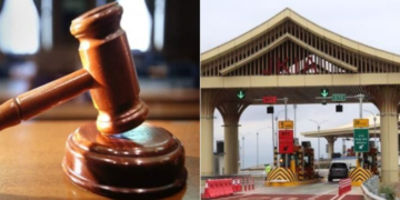 Side to side photo of a ceremonial Court gavel and the JKIA terminal of the expressway