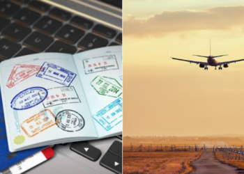 Side to side photo of a passport and an airplane midair. Photo/courtesy