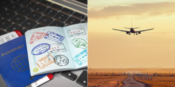 Side to side photo of a passport and an airplane midair. Photo/courtesy