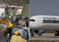 Side to side photo of the interior of Singapore Airline flight SQ321 after the emergency landing in Bangkok and a Singapore airline plane Photo/Courtesy