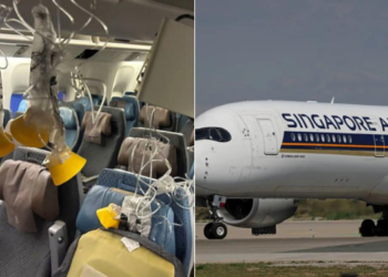 Side to side photo of the interior of Singapore Airline flight SQ321 after the emergency landing in Bangkok and a Singapore airline plane Photo/Courtesy