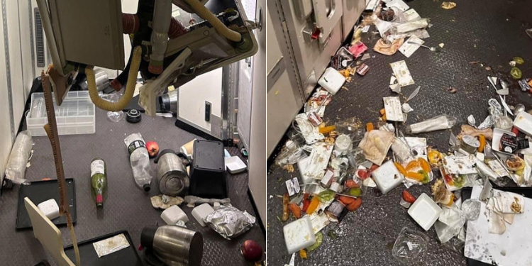 Side to side photo of the interior of Singapore Airline flight SQ321 after the emergency landing in Bangkok. Photo/Reuters
