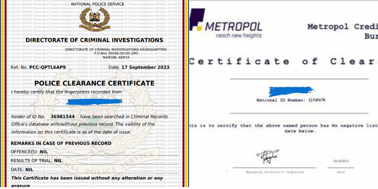 A photo collage of police clearance certificates and a CRB clearance certificate. PHOTO/Courtesy.