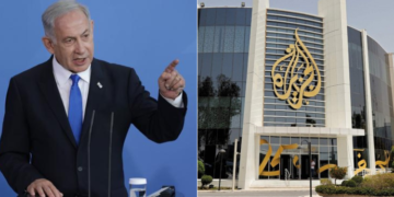 Side to side photo of Israel Prime Minister Benjamin Netanyahu and Al Jazeera's headquarters in Israel. Photo/Courtesy